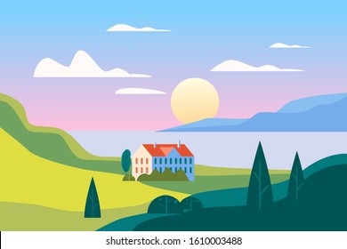 Summer seaside landscape. Sea ocean nature hills fields mountains blue sky clouds sun house countryside. Green tree and grass rural land. Flat cartoon trendy style vector illustration