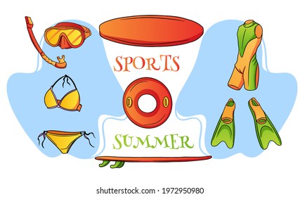 Summer seaside leisure items Water sport cartoon style