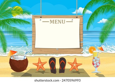 summer seaside poster. Tropical background with wooden, flip-flops plank and palm leaves. signboard and paper banner for menu. Vector illustration in flat style