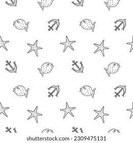 Summer seaside seamless pattern with hand drawn anchor, porcupinefish and starfish doodle isolated on white background. Decorative sailing vacation illustration for fabric, textile