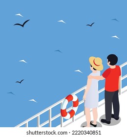 Summer seaside tourist on cruise ship isometric 3d vector illustration concept for banner, website, illustration, landing page, flyer, etc.