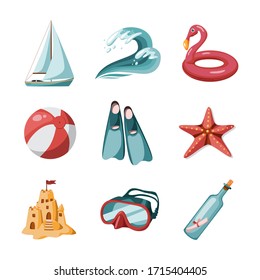 Summer seaside vacation icons. Different stuff collection. Design elements on the theme of diving, tourism and recreation at sea. Vector Illustration in cartoon style isolated on white background.