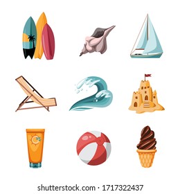 Summer seaside vacation icons. Different stuff collection. Design elements on the theme of tourism and recreation at sea. Vector Illustration in cartoon style isolated on white background.
