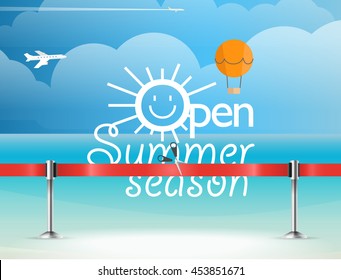 Ilustración veraniega de vacaciones en la costa. Ilustración de viaje del vector. Temporada de verano abierta