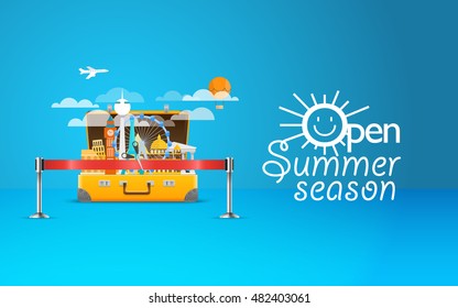Summer seaside vacation illustration. Vector travel illustration. Open summer season concept
