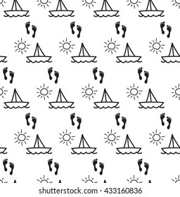 summer seaside vacation seamless pattern with sea, sun, ship and  footprint. marine theme hand drawn background. vector illustration