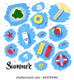 Summer seaside vacation top view vector set with water scribble backgrounds.