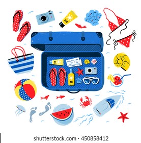 Summer seaside vacation vector set with open travel suitcase and beach accessories on white background.