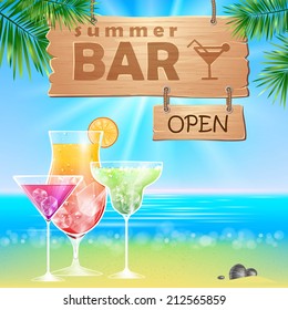 Summer seaside view poster. Cocktails bar