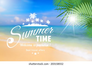 Summer seaside view poster with type on defocused beach background. Vintage vector illustration. 