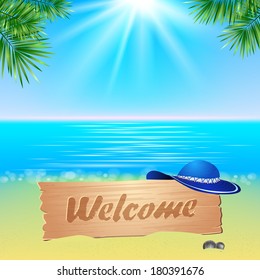 Summer seaside view poster. Vector background.