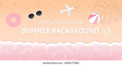 Summer season, summer advertising poster banner with background, water, sea, ocean, pink, coast, tropical leaves, sand, summer tropical beach, swimming rings, donut, doughnut, mattress, plane landing,