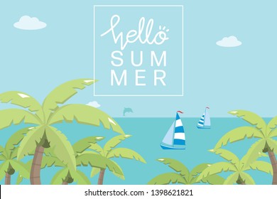 Summer season background. Blue ocean and sky with coconut trees. Sailboats and whale jump over the sea. 