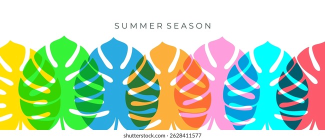 Summer Season background with bright color tropical leaves for Summertime seasonal creative graphic design. Vector illustration.	