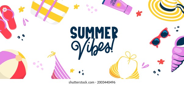 Summer season background. Bright colorful beach items and text. 