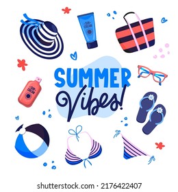 Summer season background. Bright colorful beach items and text. 