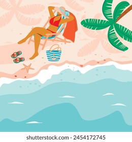 Summer season background with girl sunbathing on the beach.Sand, palm trees, beach chair, flip flops, bag, ocean.Woman in a swimsuit and hat.Vector design for use in poster,banner template,card.