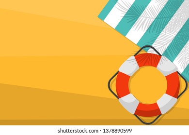 Summer season background of lifebuoy and picnic mat on the beach for your copy space. Vector illustration.