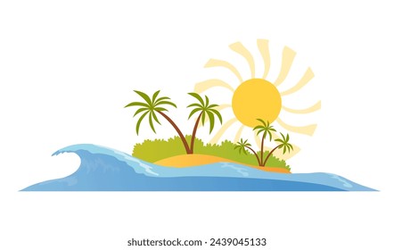Summer season. Background with sea, sun and palm trees. Vacations and recreation seasonal banner for social media stories wallpaper, landscape with copy space for text. Vector illustration