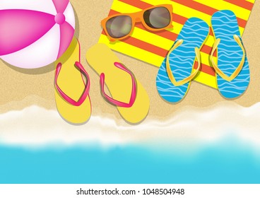 Summer season in Beach Seashore with objects. vector Illustration. view from top.