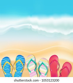 Summer season in beach seashore with objects on sand beach texture. vector Illustration. view from top.