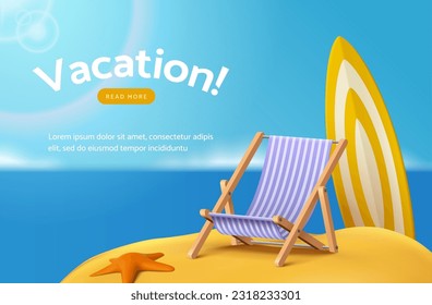 Summer season beach vacation landing page template with beach chair, surfboard, and starfish on sand. Blue sunny ocean horizon background.