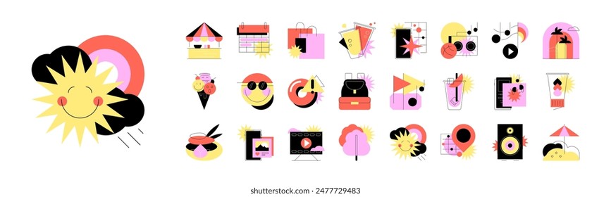 Summer season. Big set of flat geometric icons. Vector file.