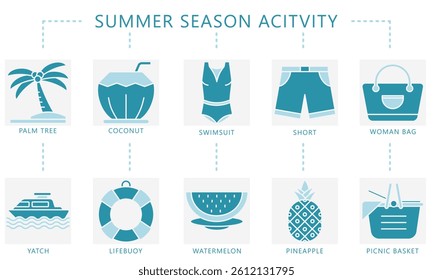 Summer season blue icons set. Contain palm, lifebuoy, coconut, yacht, swimsuit, watermelon, pineapple, short, bag, basket and more. Vector for UI, UX kit, digital, print, web and app development