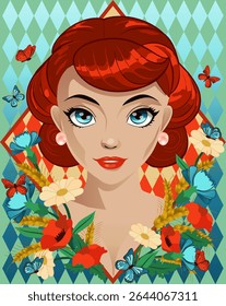 Summer season card with woman in style art deco, vector illustration