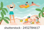 Summer season cartoon background with people resting on the seashore.Girl in greeting on the beach, couple swimming and children with sand castle.Vector design for banner template,poster,flyer.