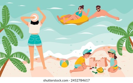 Fondo de dibujos animados de la temporada de verano con la gente descansando en la orilla del mar. Chica en saludo en la playa, pareja nadando y niños con castillo de arena. Diseño de Vector para Plantilla de Anuncio, cartel, volante.