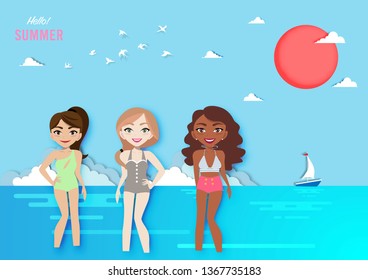 Summer season cartoon character woman, different female faces isolated in paper art style Cute lady character creation set. Young lady and pretty girl smiling in colorful vintage swimming suit vector