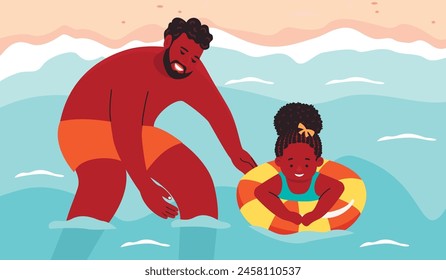 Ilustración de dibujos animados de la temporada de verano con papá feliz y su hija descansando en la playa del mar. El padre enseña al niño a nadar con el diseño inflable del anillo. Vector para el uso en carteles, Plantillas de Anuncio, fondos. 