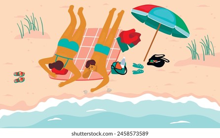 Summer season cartoon illustration with man and woman sunbathing on the seabeach.Young couple lies on blanket with umbrella, bags, flip-flops and folded clothes.Vector design for banner template.