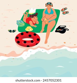 Summer season cartoon illustration with mom and daughter sunbathing on the sea beach.Happy little girl and woman,   bag, hat, towel, flip-flops , inflatable ring.Vector design for banner template.