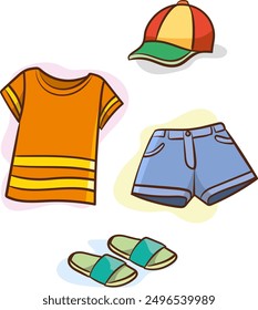 summer season clothes set. Casual wear, jeans, t-shirt, shoes, seasonal clothing outfit.Clothing, clothing fashion flat vector illustration