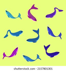 Summer season, collection of fish whale underwater animal undersea abstract background art graphic design funny vector illustration
