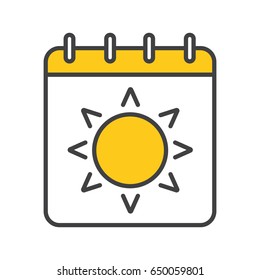 Summer season color icon. Calendar page with sun. Isolated vector illustration