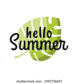 Summer season concept hello summer element design good for banner, flyer, poster, greeting card, clip art with monstera leaf icon on flat color