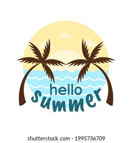 Concepto de temporada de verano hola diseño de elementos de verano bueno para banner, volante, afiche, tarjeta de saludo, clip art con sol, playa, icono de palma en color plano