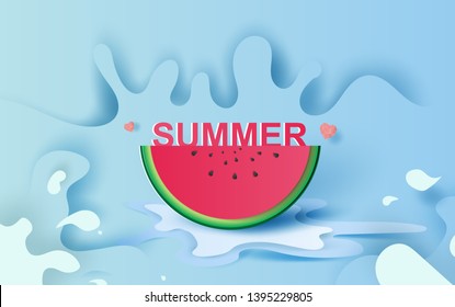 Summer season concept Slice of watermelon on blue water splash. Hello Hello Summer Lettering .Juicy ripe fruit the pastel color. Creative design Paper cut and craft style. Graphic vector. illustration