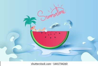 Summer season concept Slice of watermelon on blue water splash.Hello Summer.Women are sunbathing. Dolphins are jumping from the water surface.Creative Paper cut and craft. Graphic vector. illustration