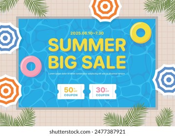 Summer season coupon sale event banner template illustration. In the background of a cute pool, there is a typographic that says 'Summer Big Sale', a tube, a parasol, and a palm tree.