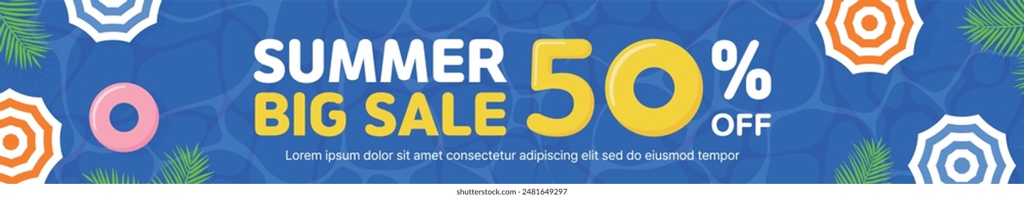 Summer season coupon sale event banner template illustration. In the background of a cute pool, there is a typographic that says 'Summer Big Sale', a tube, a parasol, and a palm tree.