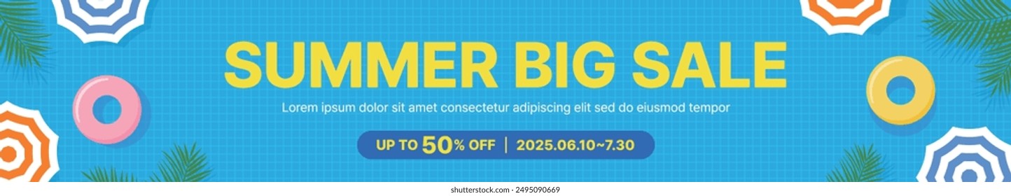 Summer season coupon sale event banner template illustration. In the background of a cute pool, there is a typographic that says 'Summer Big Sale', a tube, a parasol, and a palm tree.