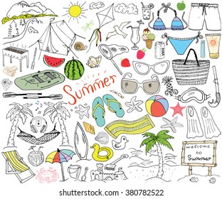 Summer season doodles elements. Hand drawn sketch set with sun, umbrella, sunglasses, palms and hammock, beach, camping items, mountains, tent, raft, grill, kite. Drawing doodle, isolated on white.