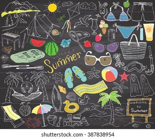 Summer season doodles elements. Hand drawn sketch set with sun, umbrella, sunglasses, palms and hammock, beach, camping items and mountains, tent and raft, grill, kite. Drawing doodle, on chalkboard.