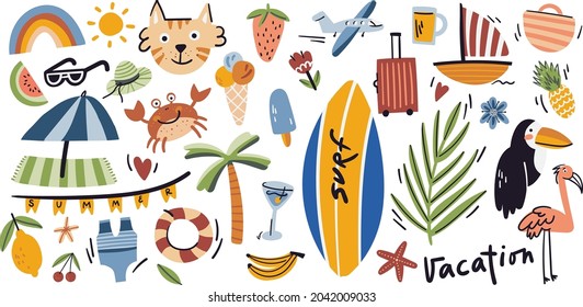 Summer season flat illustrations set. Isolated on white. Surf, toucan, flamingo, crab, airplane, beach, palm, fruit, cat. Tropic and exotic doodle cute collection.