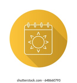 Summer season flat linear long shadow icon. Calendar page with sun. Vector outline symbol