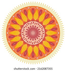 Summer season floral motif mandala. Folk style circle vector. Abstract decorative orange and yellow illustration for print, decor, fabric, yoga, textile, design